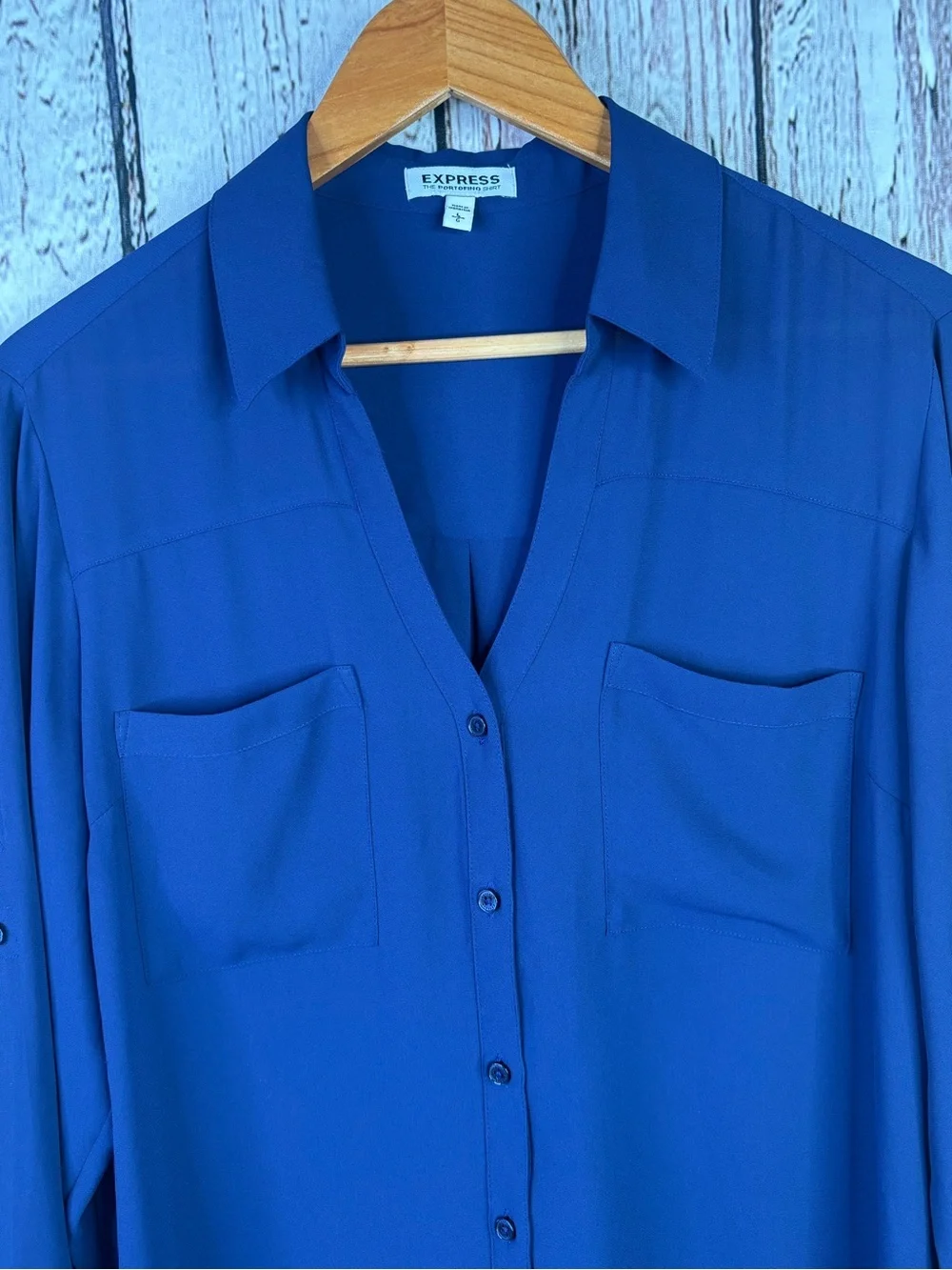 Express Portofino Shirt Size Large Navy Blue Button Down Roll Tab Sleeves Blouse